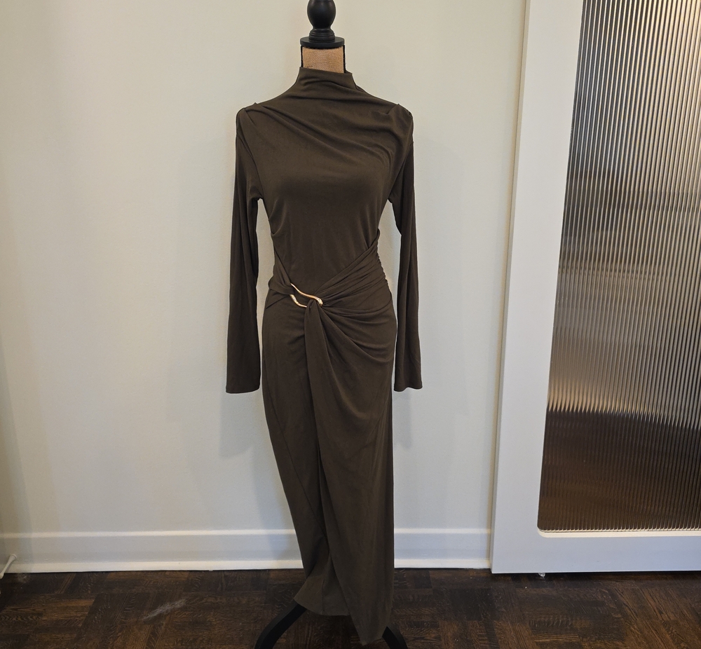 Commense Olive Long Sleeve Midi Dress with Side Ring Detail